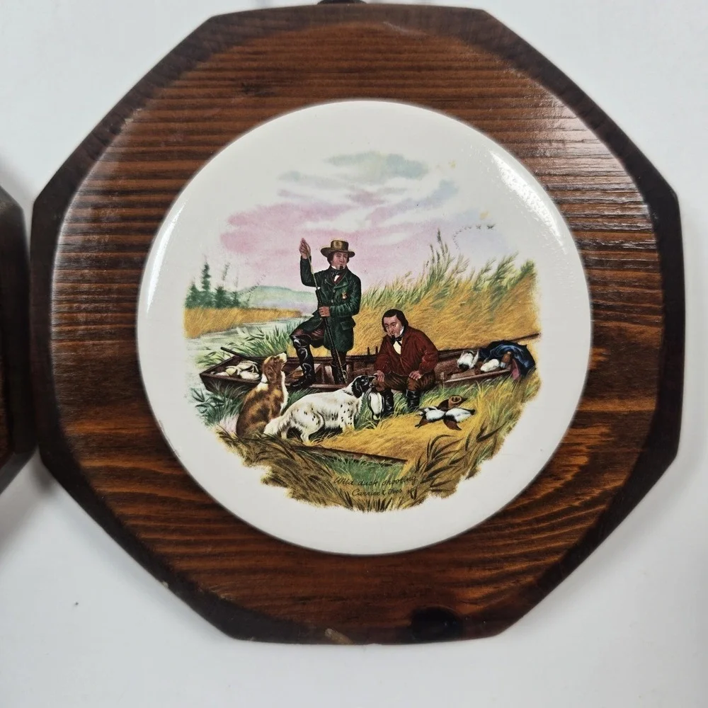 VTG Decorative Porcelain Mini Plates Mounted Wooden Wall Plaques Mid Century